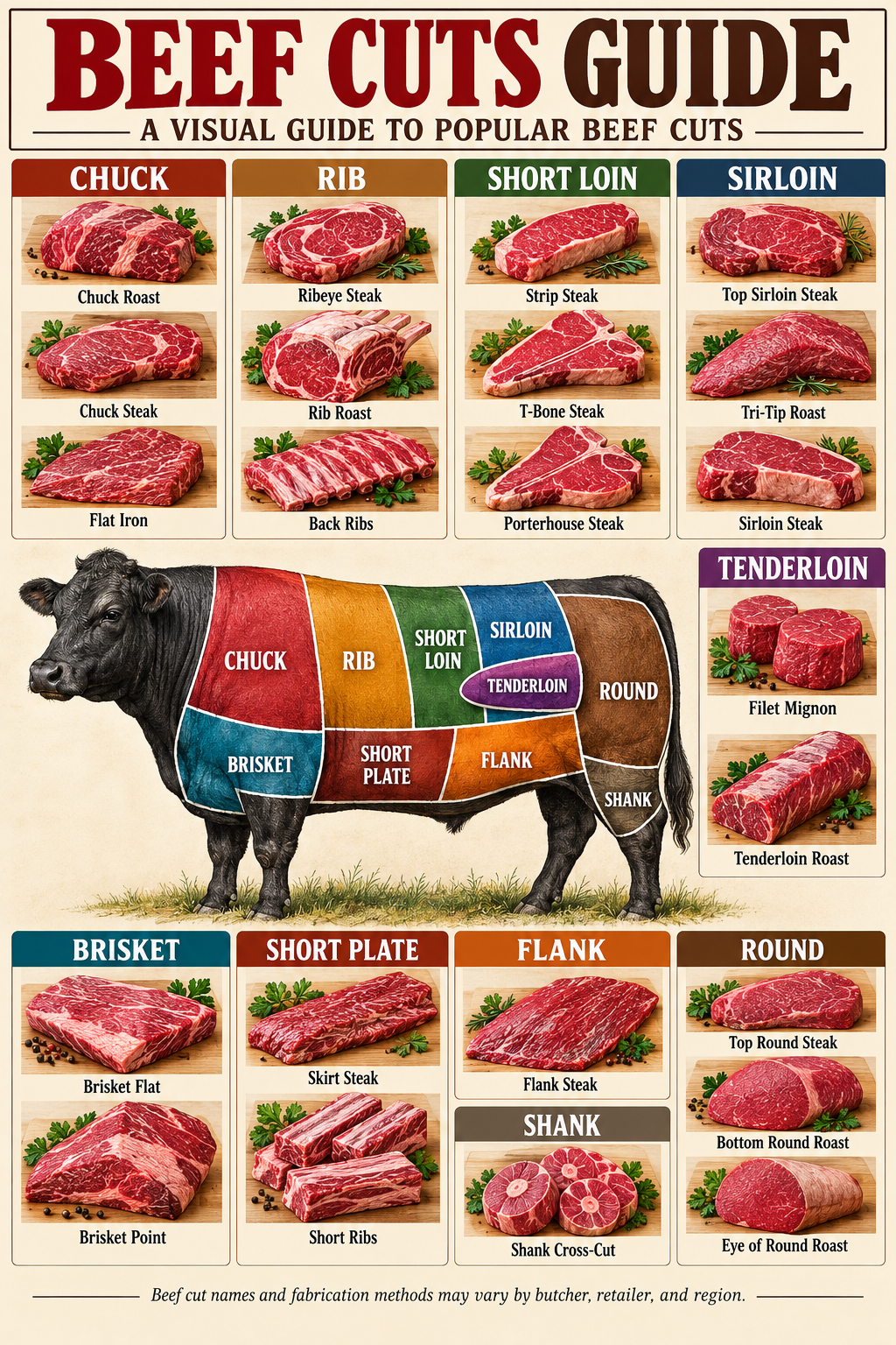 Beef cuts guide poster with labeled cattle diagram showing popular steaks, roasts, brisket, ribs and other beef cuts