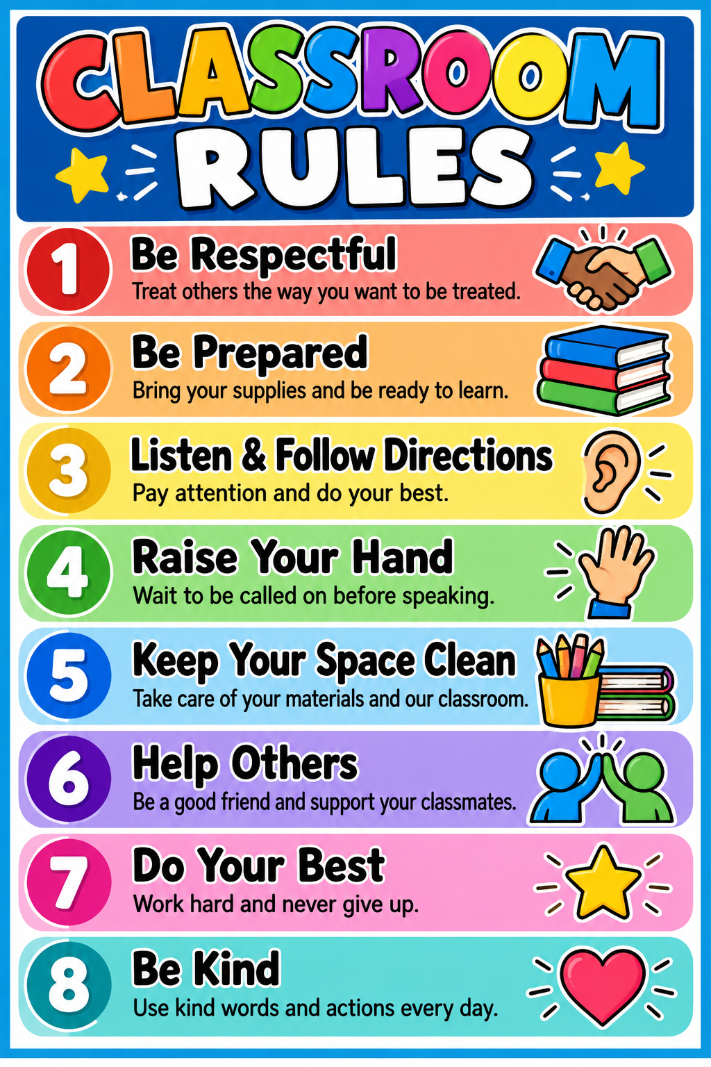 Colorful Classroom Rules poster with eight positive classroom expectations for students