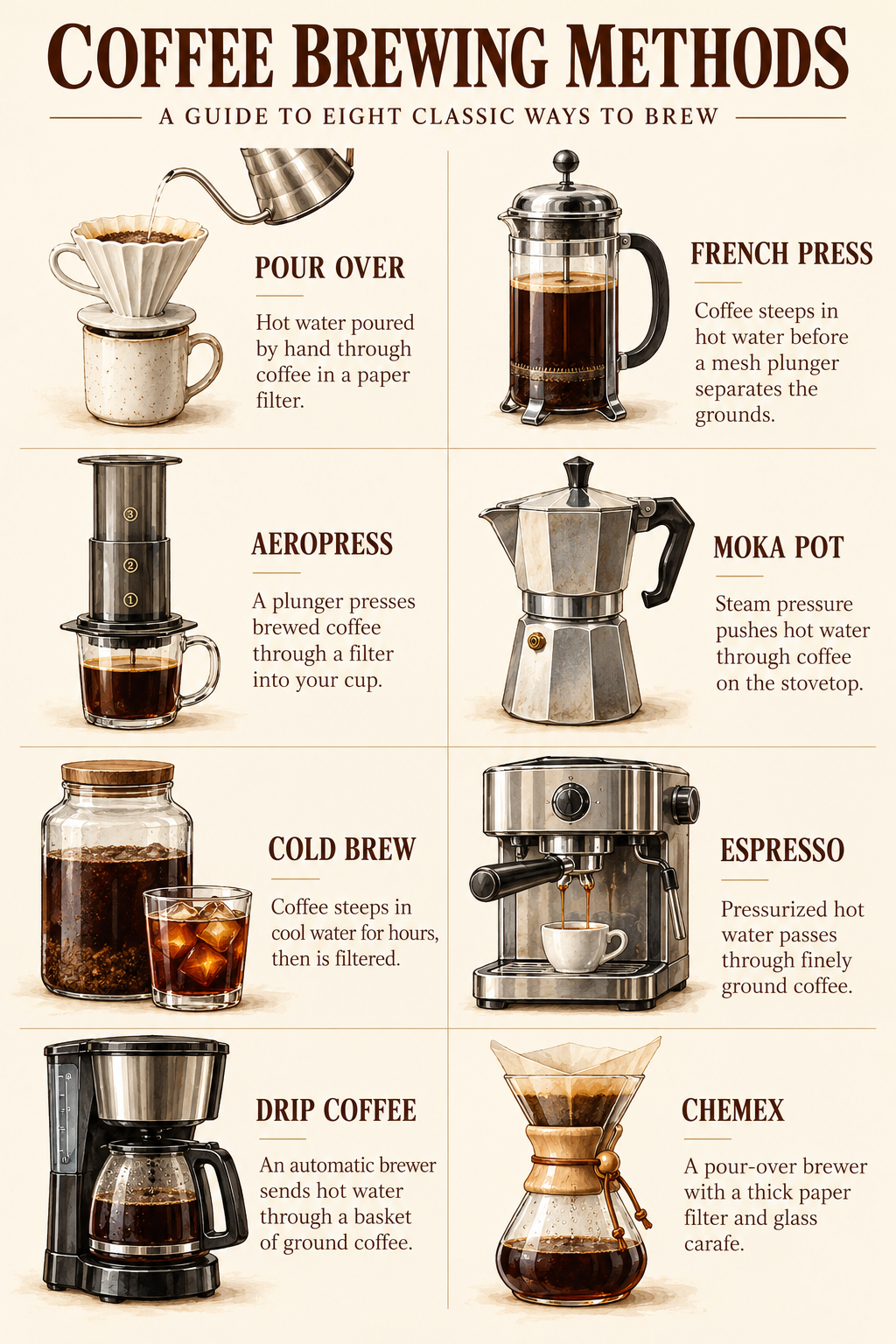 Coffee Brewing Methods Guide Poster featuring eight illustrated coffee brewing methods