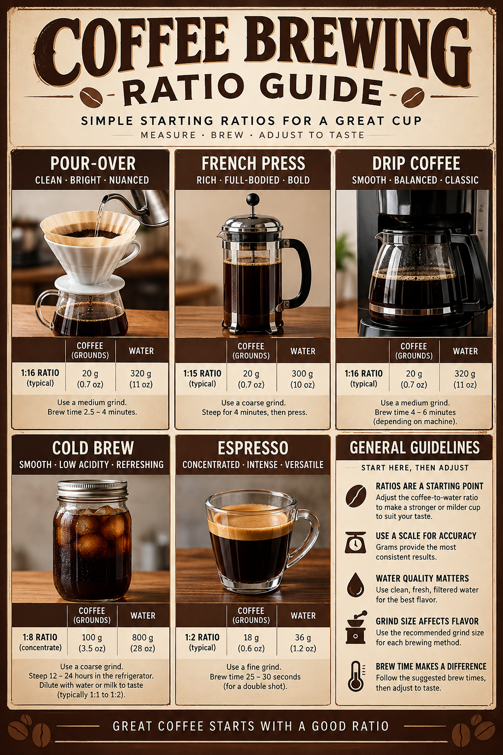 Coffee Brewing Ratio Guide Poster with pour-over, French press, drip coffee, cold brew and espresso ratios