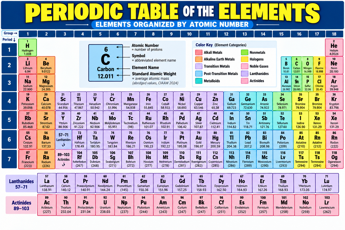 Periodic table of the elements educational poster showing all 118 elements with atomic numbers, symbols, names, atomic weights and color-coded categories