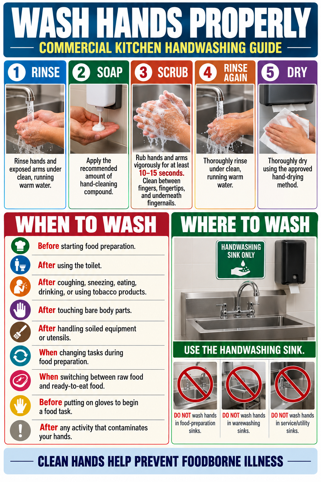 Commercial kitchen handwashing poster showing five handwashing steps, when to wash, and proper handwashing sink use