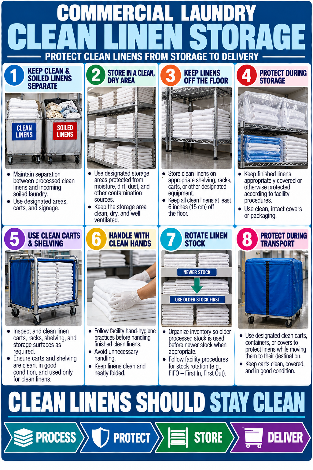 Commercial laundry clean linen storage poster showing eight practices for separating, storing, handling, rotating and transporting clean linens