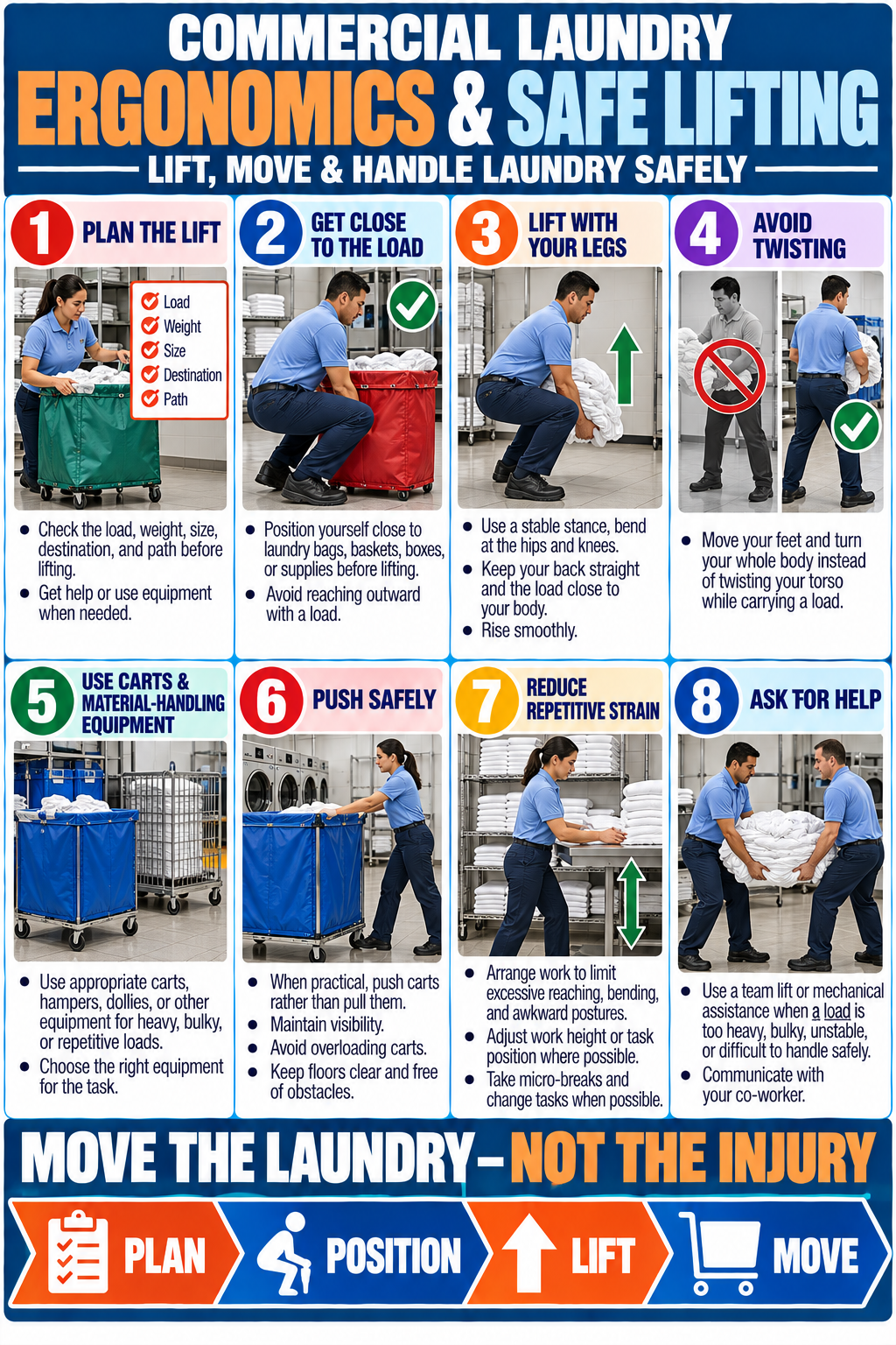 Commercial laundry ergonomics and safe lifting poster showing eight practices for lifting, body positioning, carts, pushing and material handling