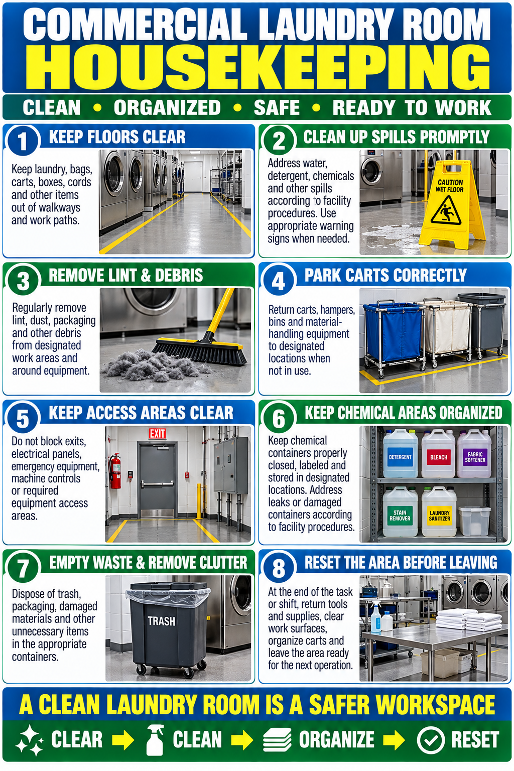 Commercial laundry room housekeeping poster showing eight practices for clear floors, spill cleanup, lint removal, cart storage, chemical organization and waste removal