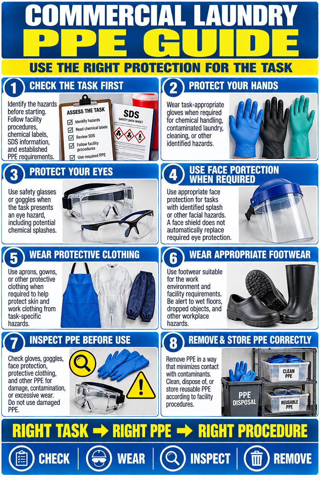 Commercial laundry PPE guide poster showing gloves, eye protection, face protection, protective clothing, footwear, PPE inspection and proper storage