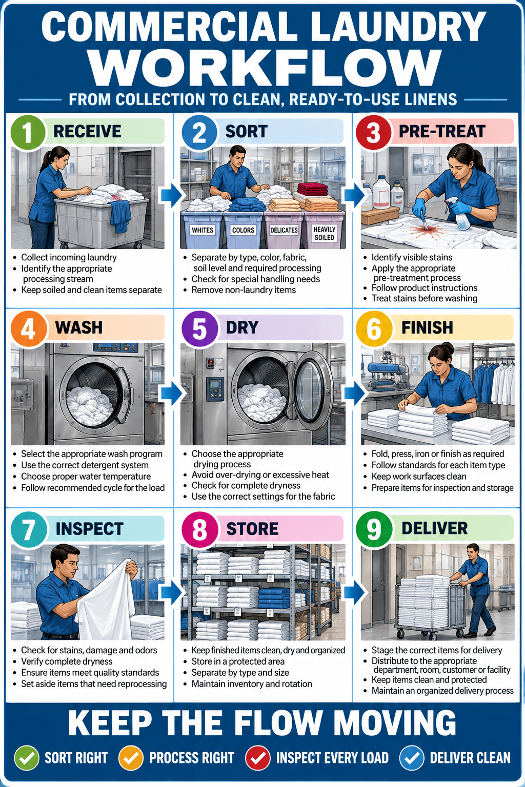 Commercial laundry workflow poster showing nine stages from receiving and sorting to washing, drying, finishing, inspection, storage and delivery