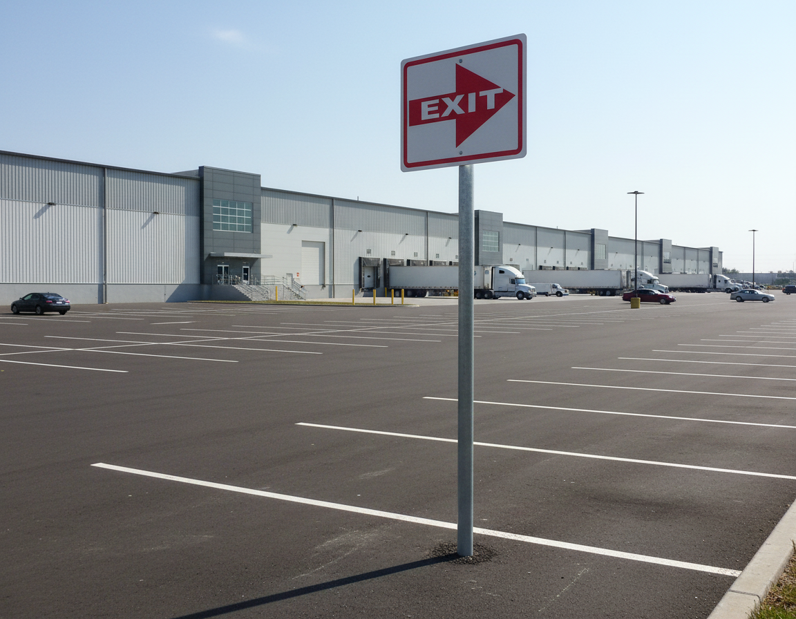 Empty parking lot with an exit sign pointing to the right, large industrial building in the background.