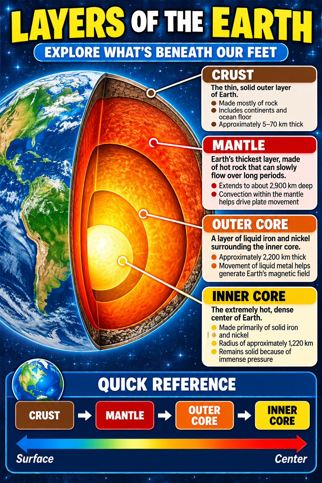 Layers of the Earth science poster showing a colorful cross-section of the crust, mantle, outer core and inner core with educational facts