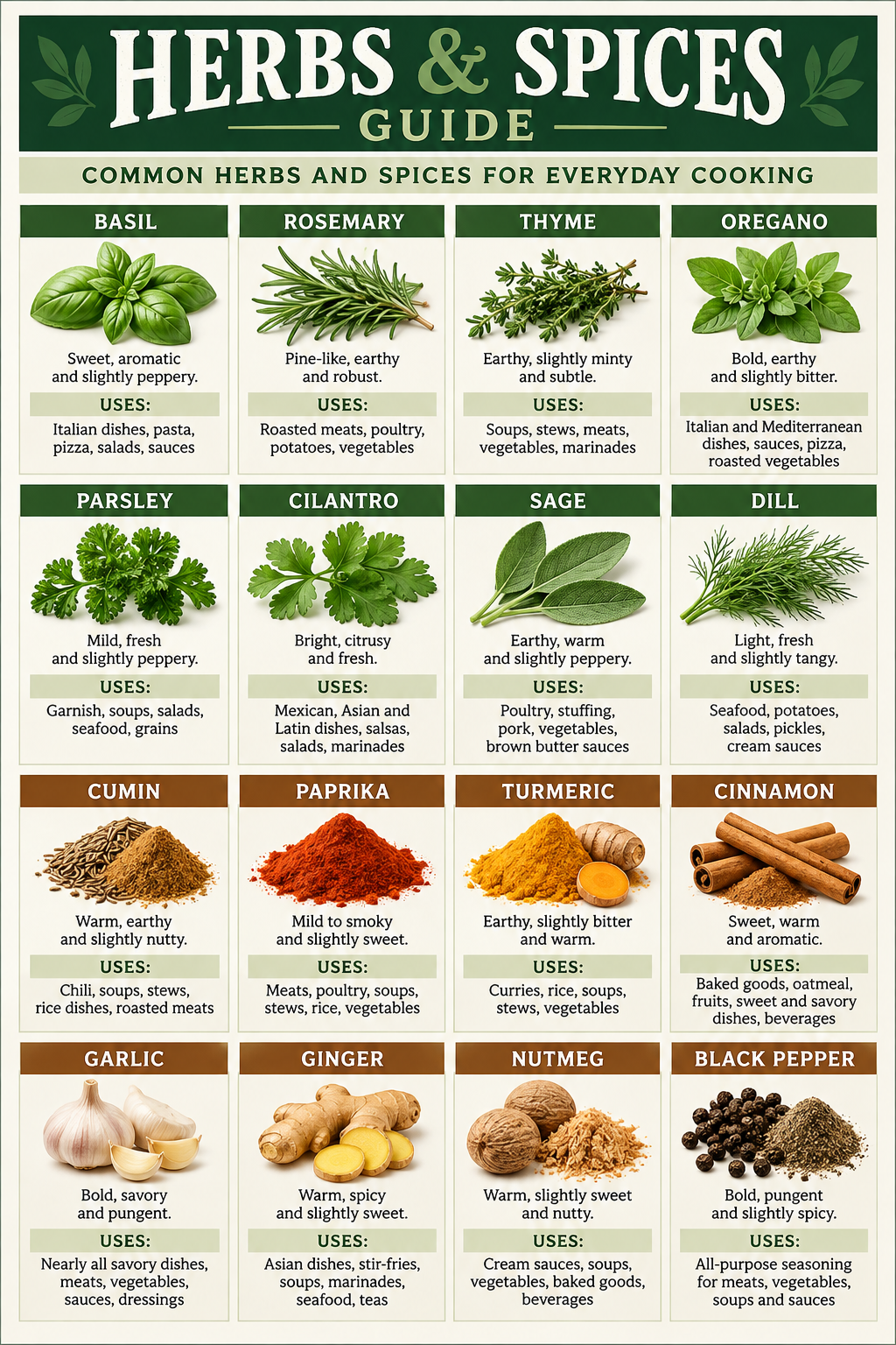 Herbs and Spices Guide poster featuring common culinary herbs, spices, flavor notes and cooking uses