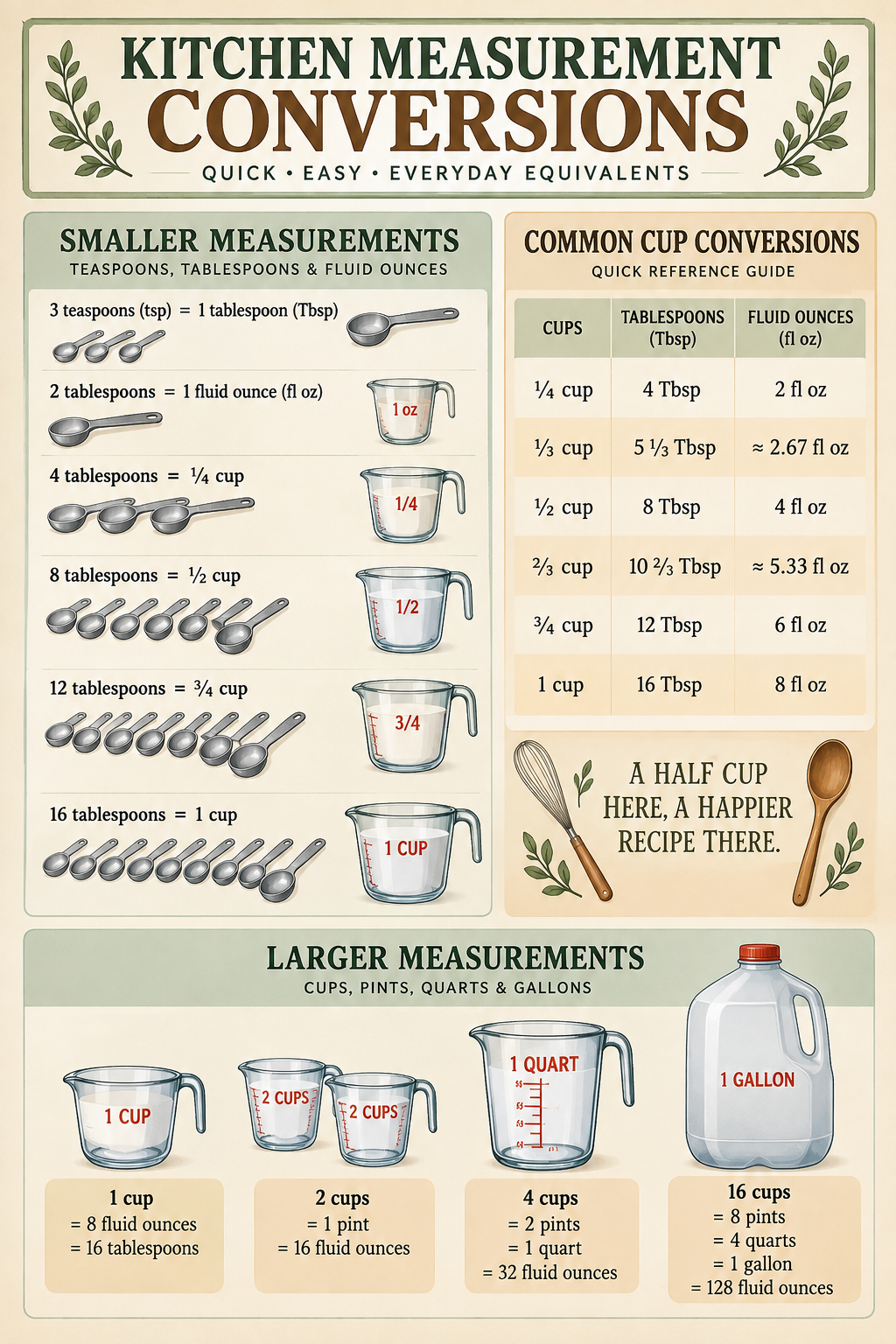 Kitchen measurement conversions poster with teaspoons, tablespoons, cups, fluid ounces, pints, quarts and gallons