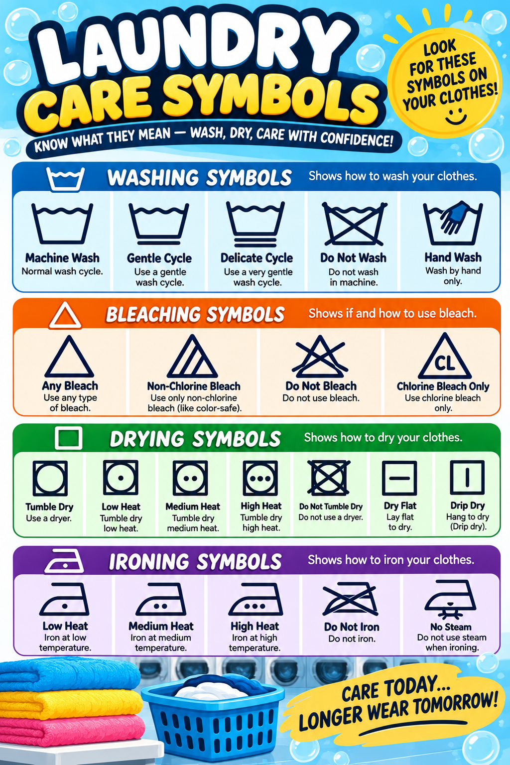 Laundry care symbols poster showing common washing, bleaching, drying and ironing symbols for laundromats and shared laundry rooms