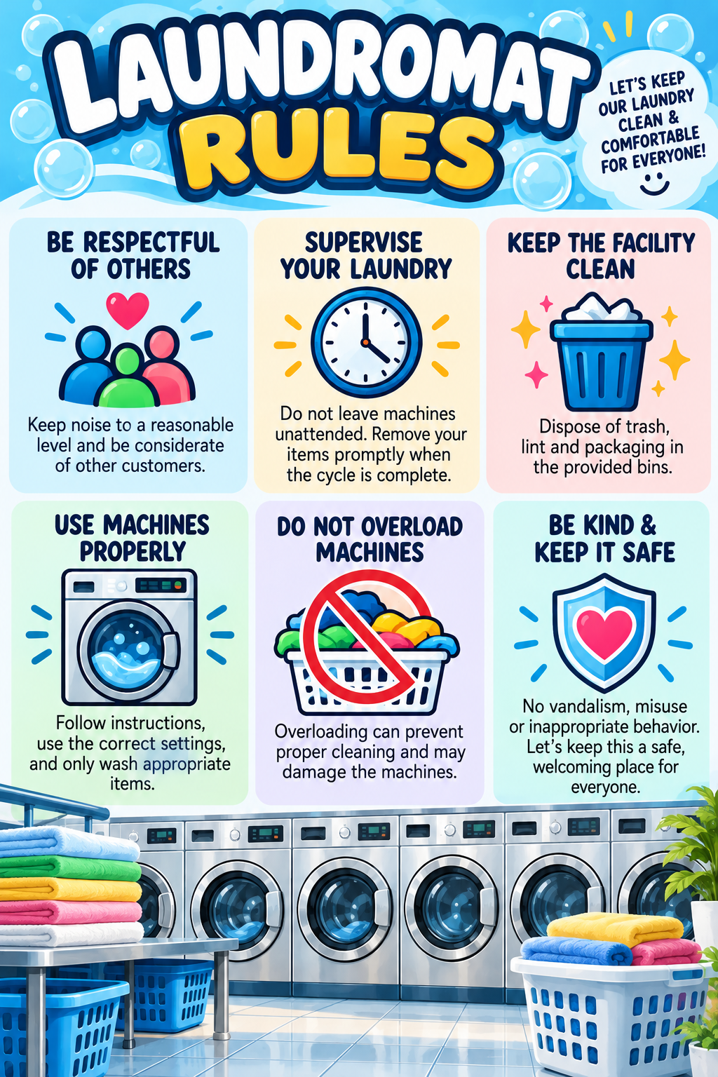 Laundromat rules poster with colorful illustrated reminders for customers using washers, dryers and shared laundry facilities