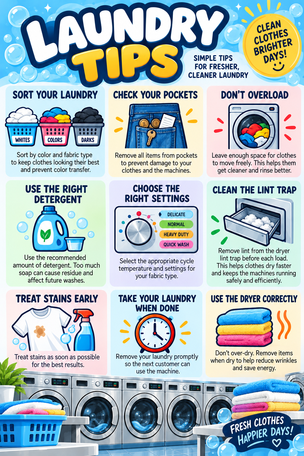 Laundry tips poster for laundromats with colorful illustrated tips for washing, drying, detergent, sorting and stain treatment