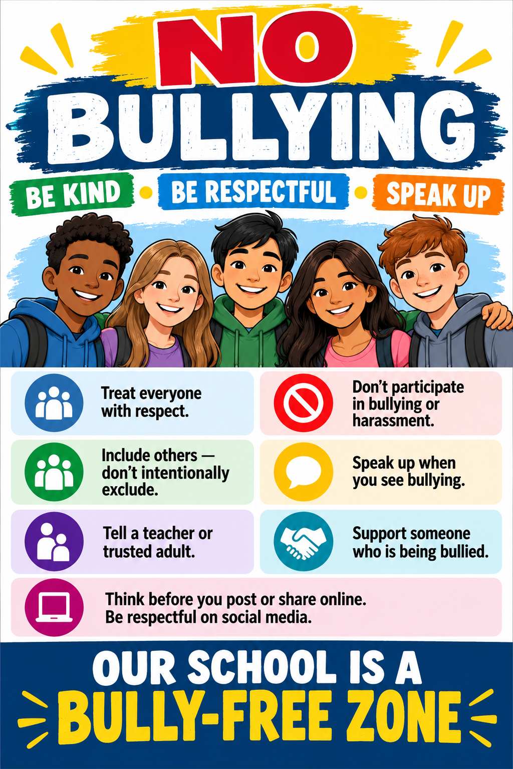 No Bullying school poster promoting kindness, respect, inclusion and speaking up against bullying