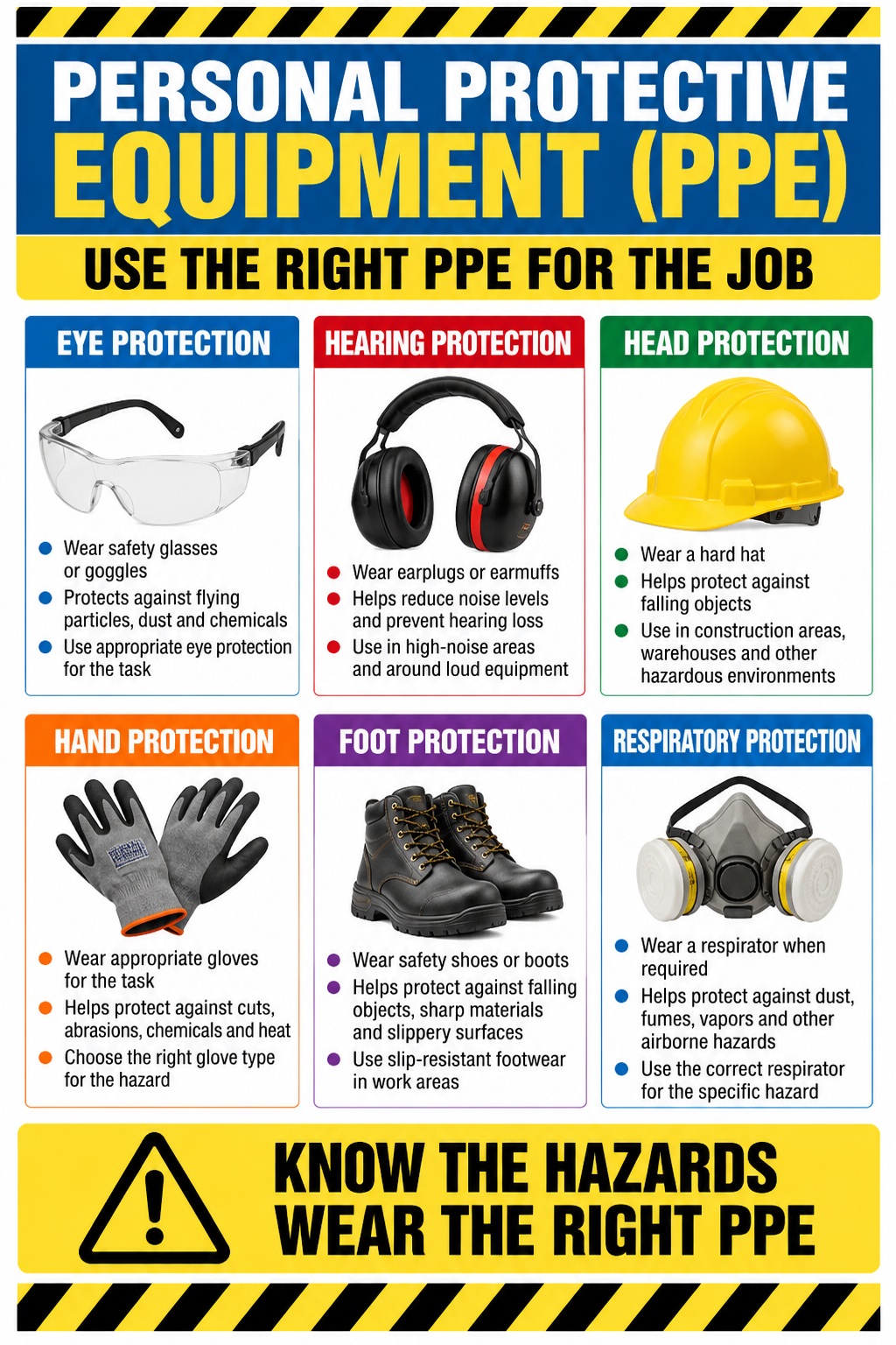 Personal Protective Equipment PPE poster showing eye, hearing, head, hand, foot and respiratory protection