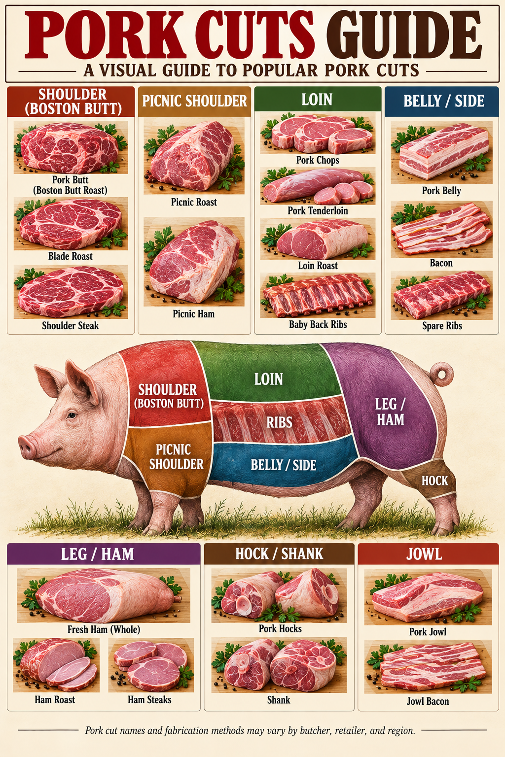 Pork cuts guide poster with labeled hog diagram showing pork chops, ribs, tenderloin, pork belly, ham, shoulder and other popular cuts