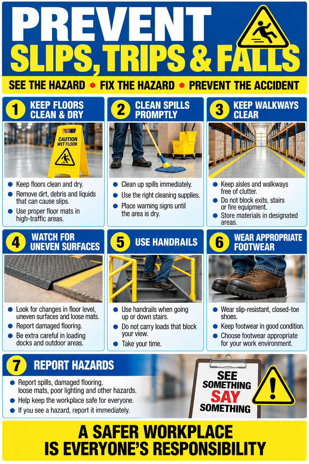 Prevent Slips, Trips & Falls workplace safety poster with seven hazard prevention tips