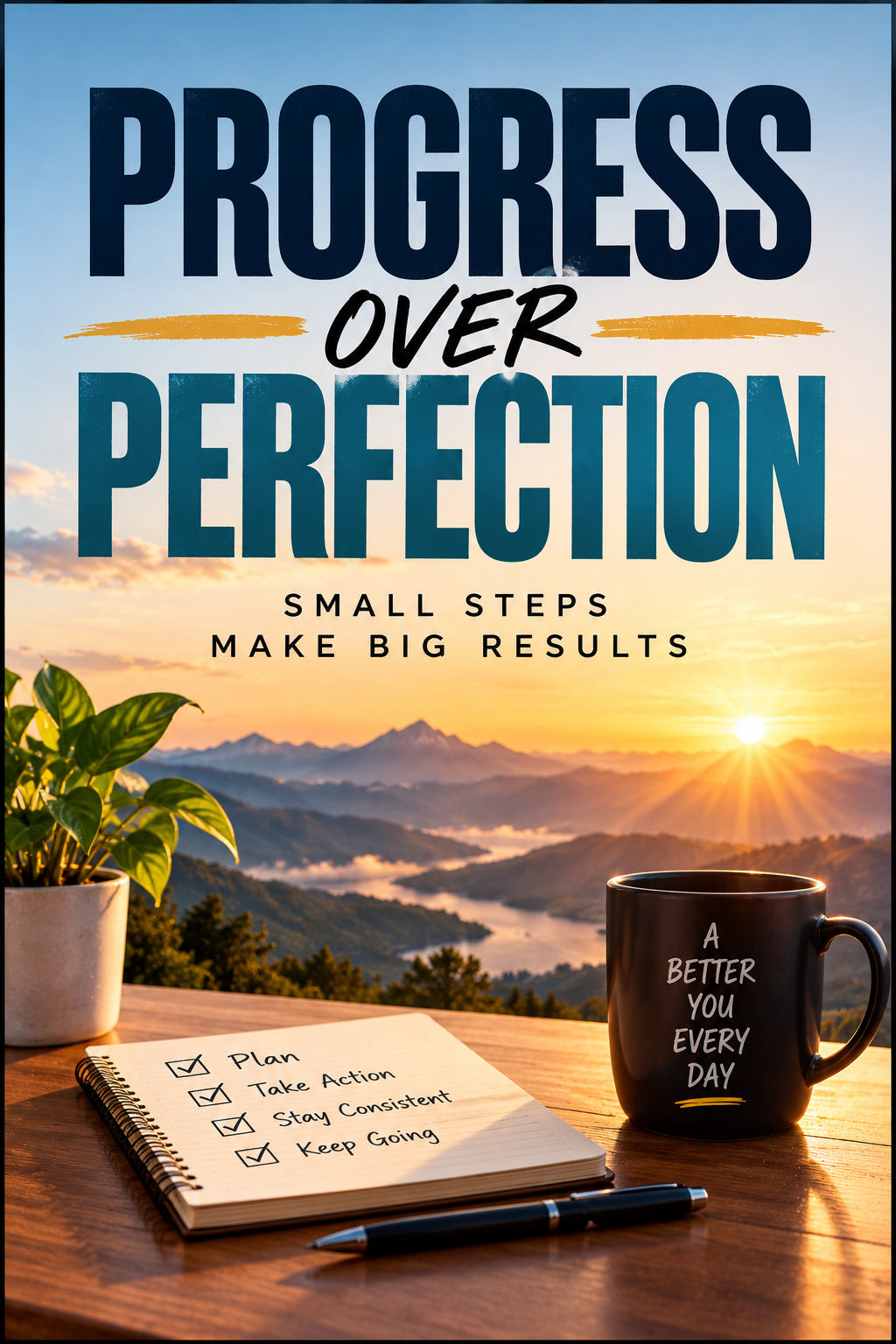 Progress Over Perfection motivational poster with Small Steps Make Big Results message, mountain sunrise, notebook and workspace scene