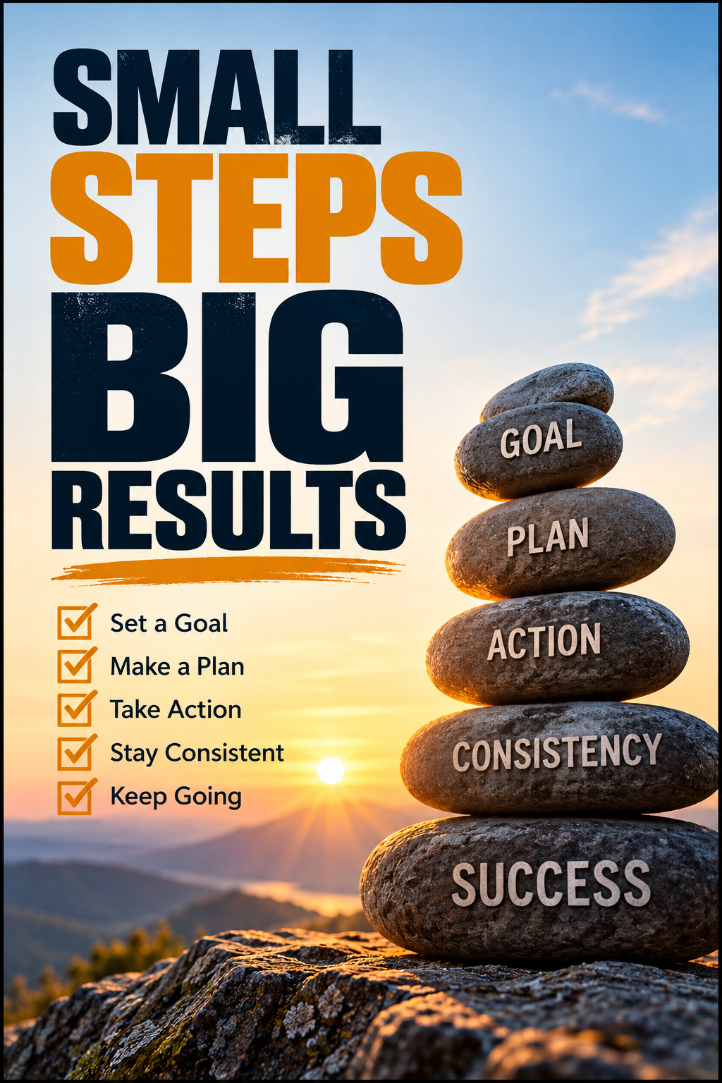 Small Steps Big Results motivational poster with goal, plan, action, consistency and success steps against a mountain sunrise