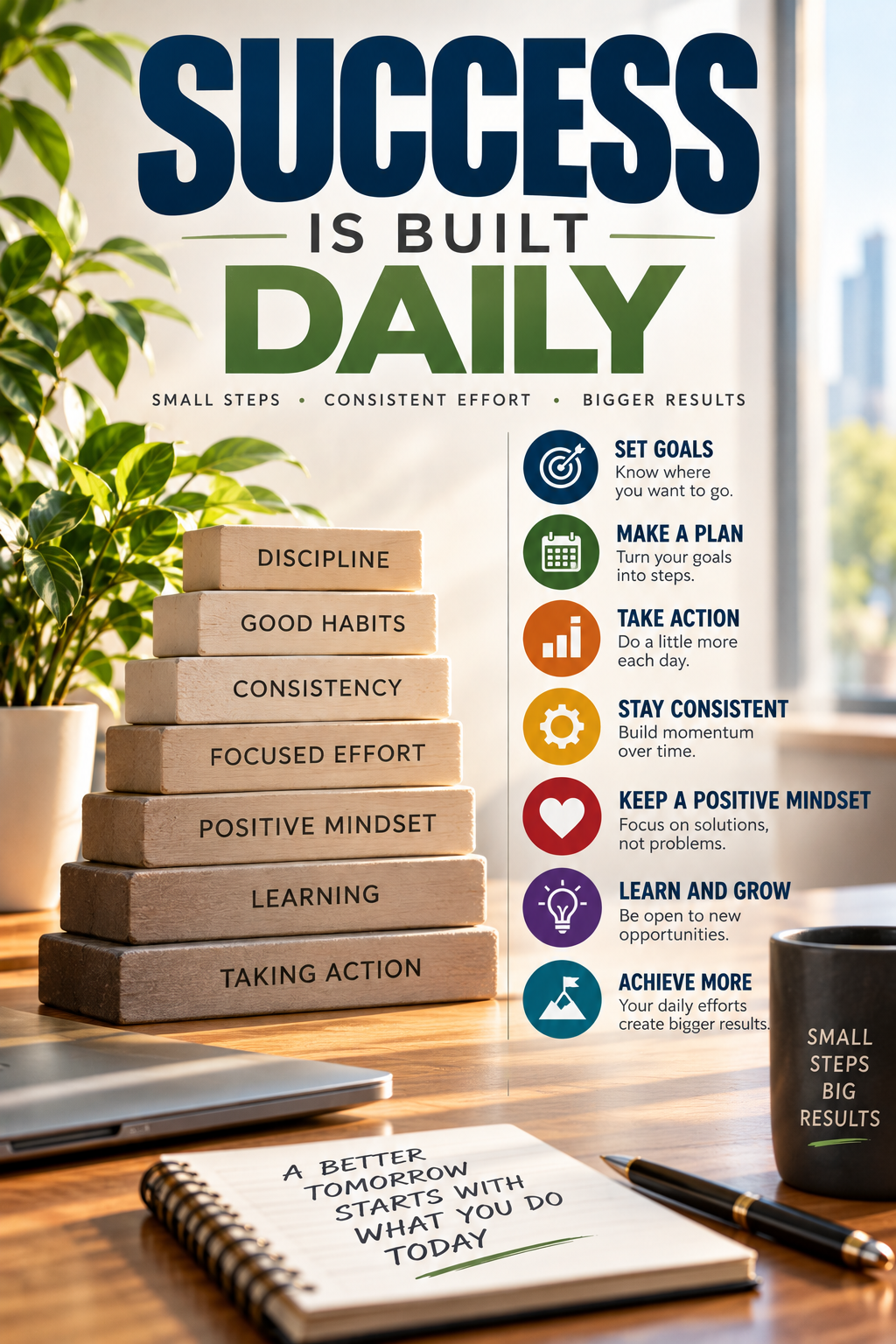 Success Is Built Daily motivational office poster with building blocks representing action, learning, positive mindset, focused effort, consistency, good habits and discipline