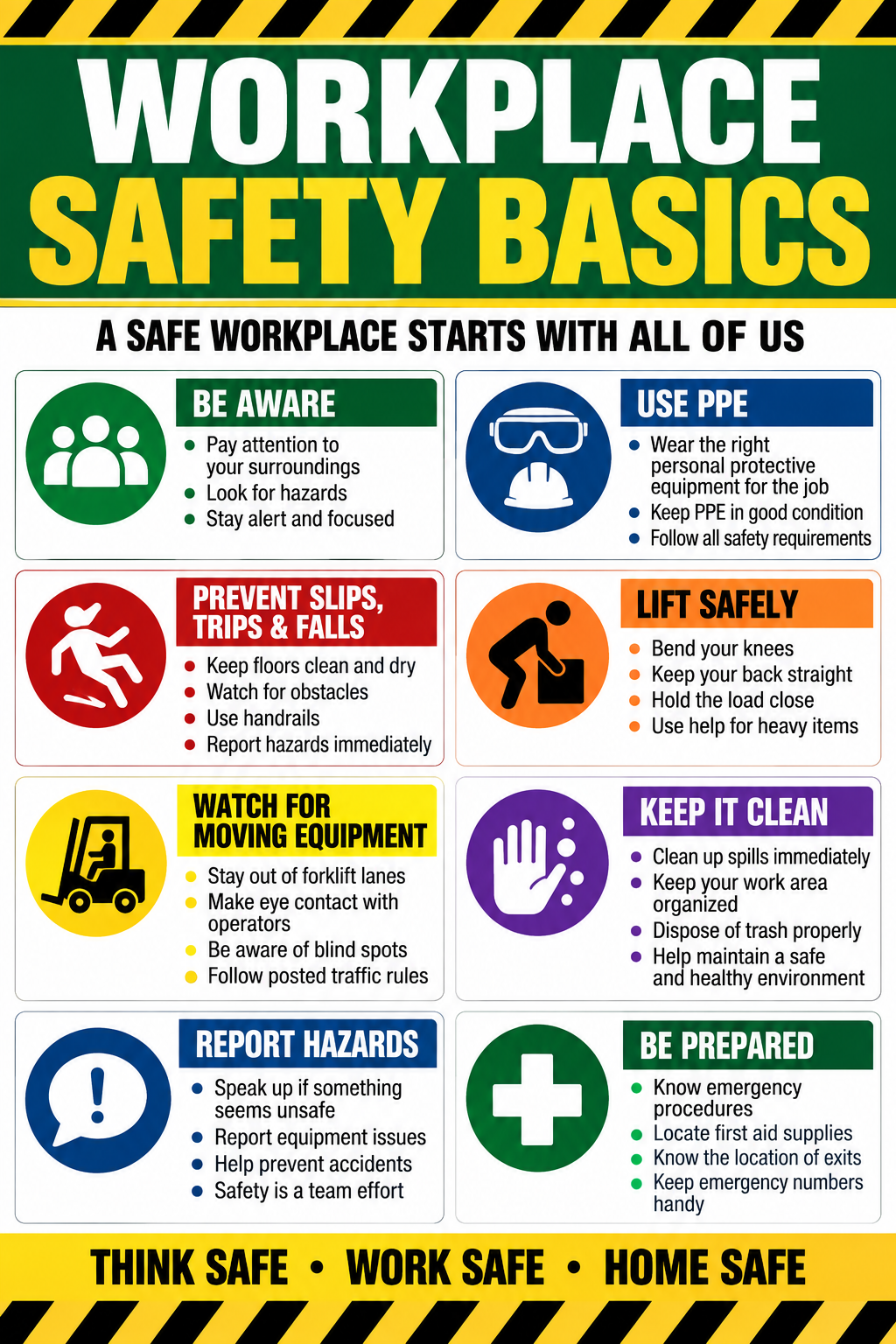 Workplace Safety Basics poster with PPE, lifting, housekeeping and hazard prevention reminders