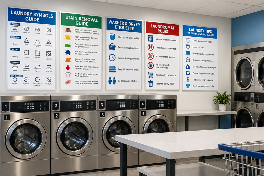 Informational laundry posters displayed inside a clean commercial laundromat.