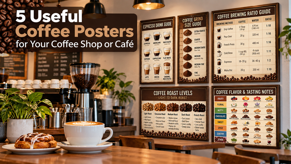 Five useful coffee posters displayed in a professional coffee shop and café