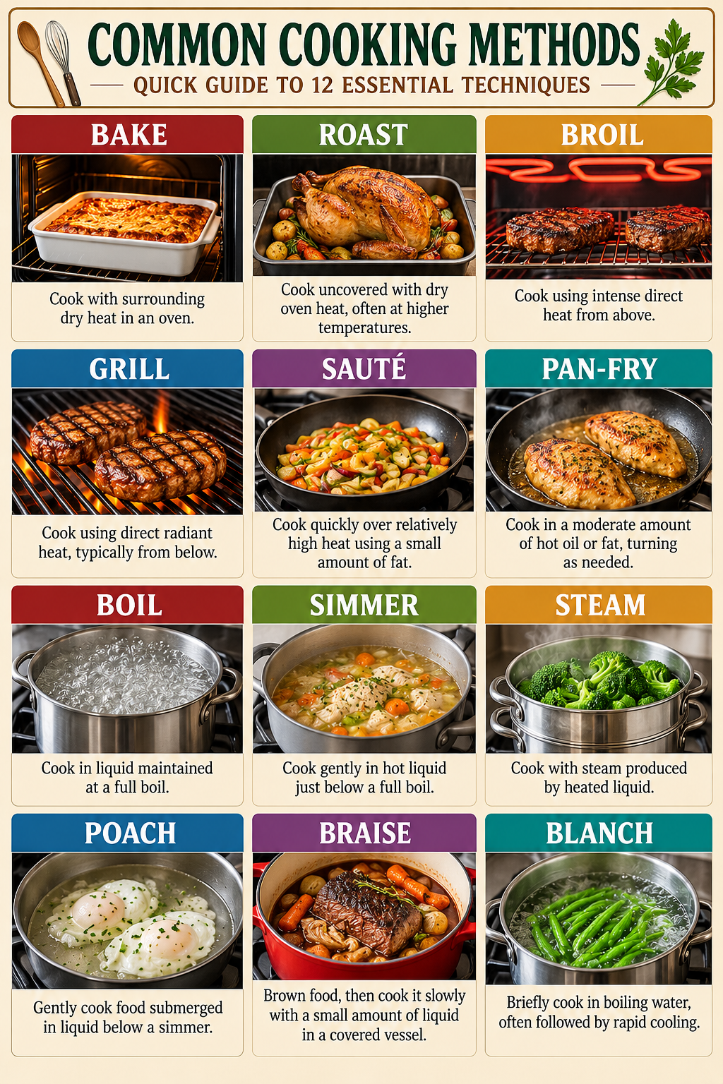 Common cooking methods guide poster showing 12 techniques including baking, roasting, grilling, sautéing, steaming and braising