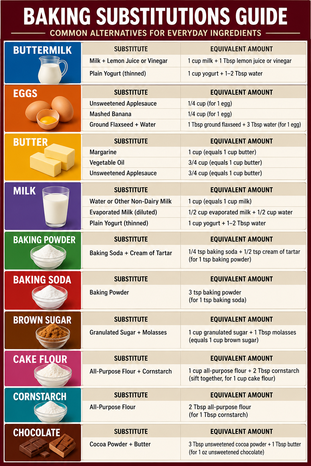 Baking Substitutions Guide poster featuring common ingredient alternatives and equivalent amounts for baking