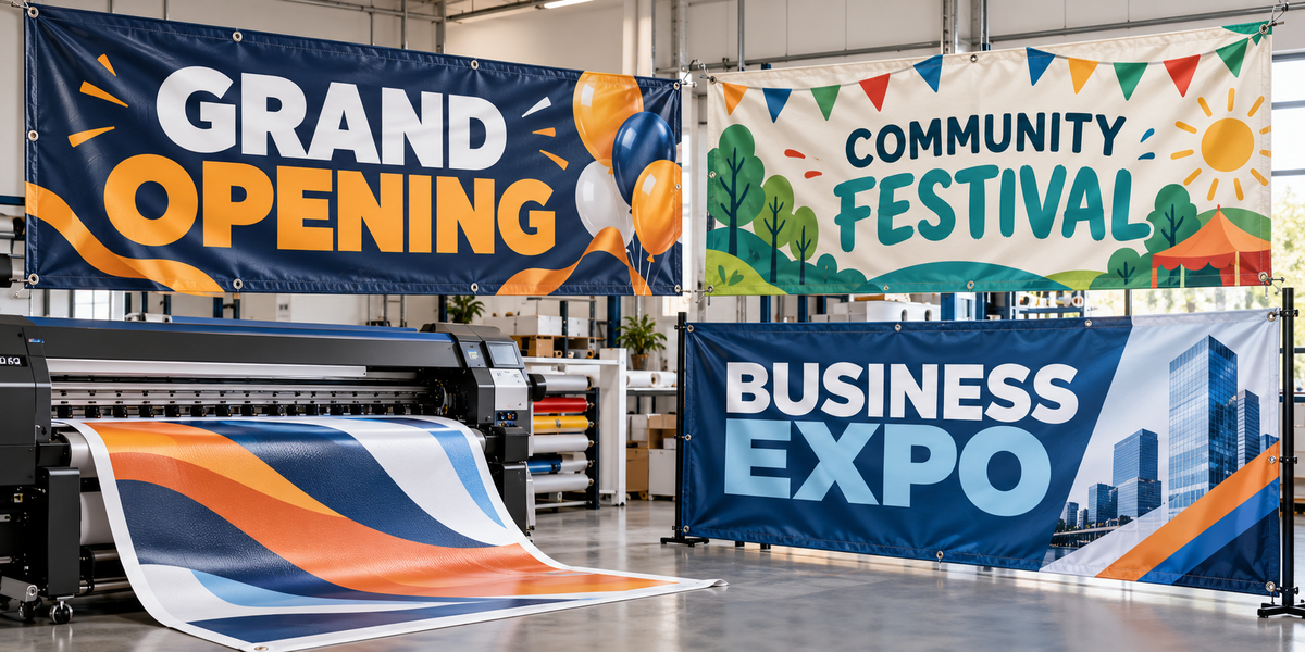 Custom grand opening, community festival and business expo vinyl banners displayed in a professional wide-format print shop.