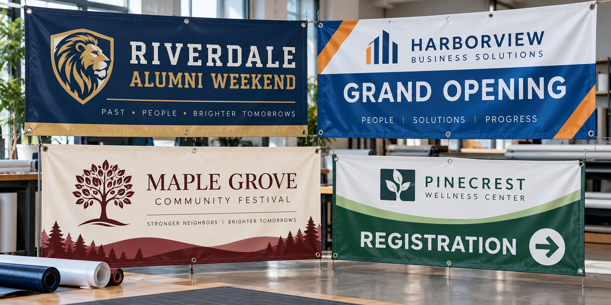 Custom school, business, community-event and directional vinyl banners displayed in a professional production studio.