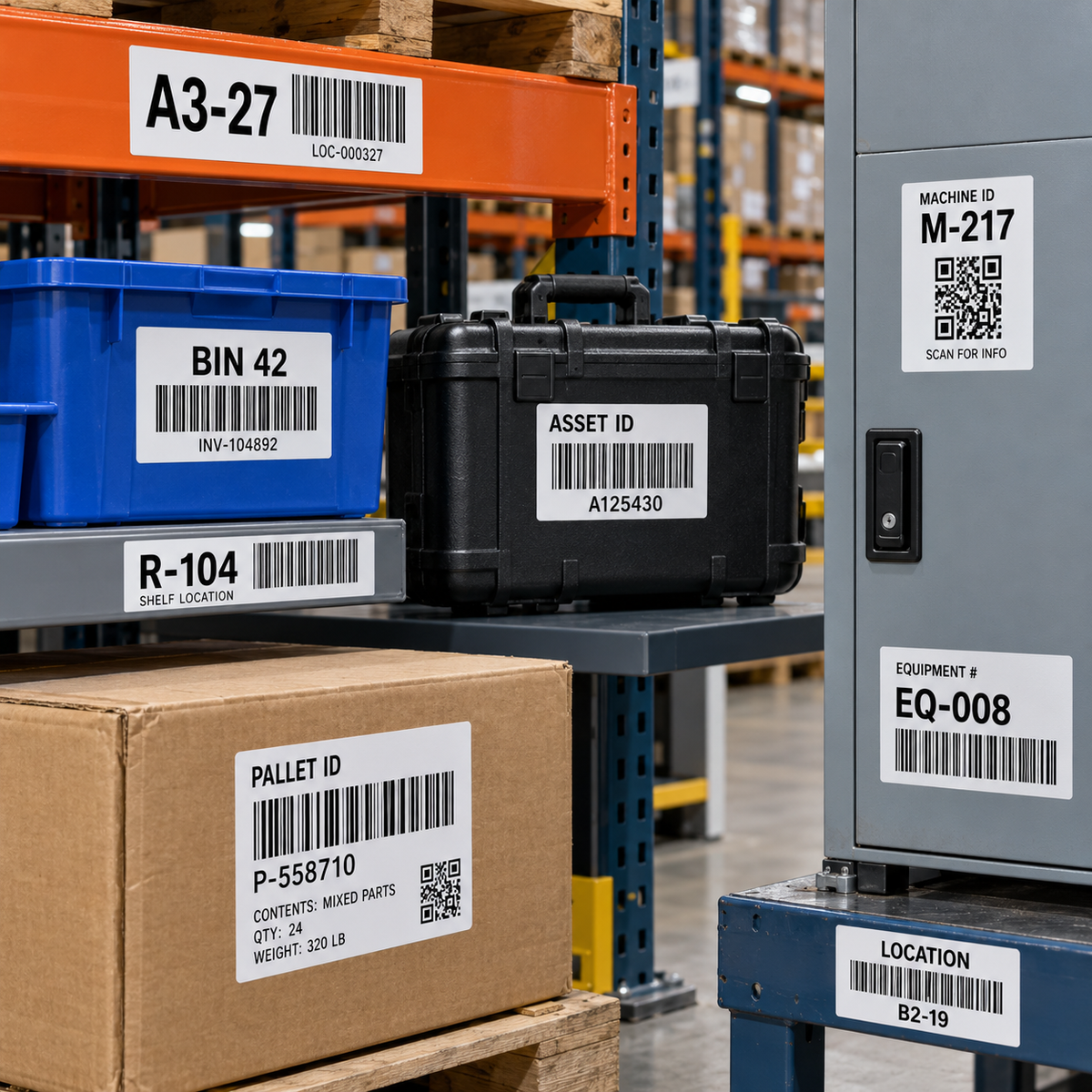 Barcode and identification labels applied to warehouse racks, bins, equipment cases, machinery and inventory cartons.