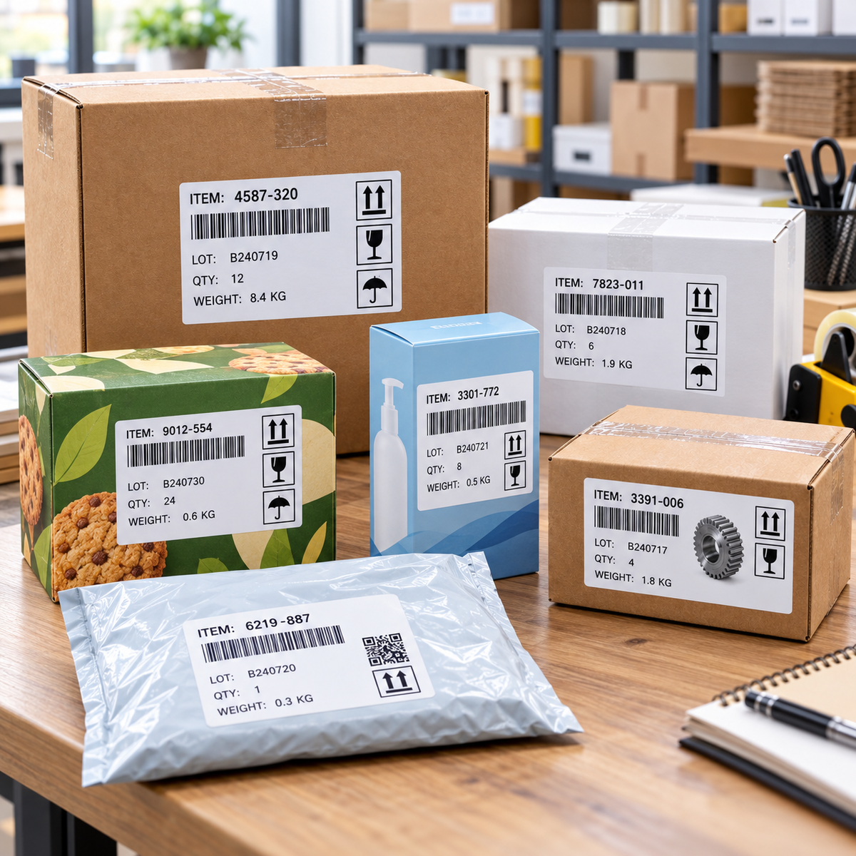 Product identification and handling labels applied to assorted retail cartons, shipping boxes and commercial packaging.