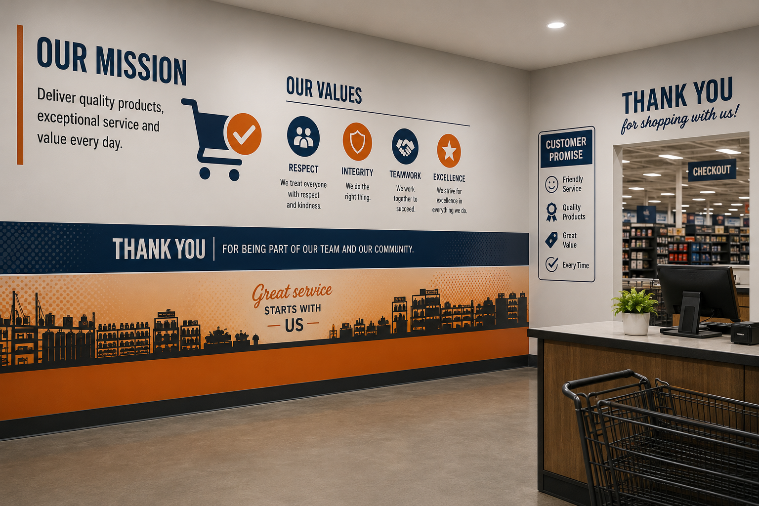 Branded interior wall graphics and custom signage in a retail environment