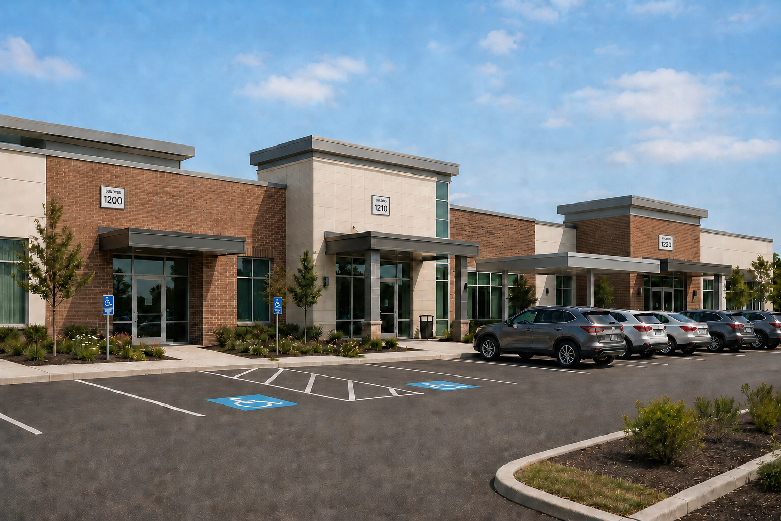 Exterior building identification and entrance signage on a commercial facility