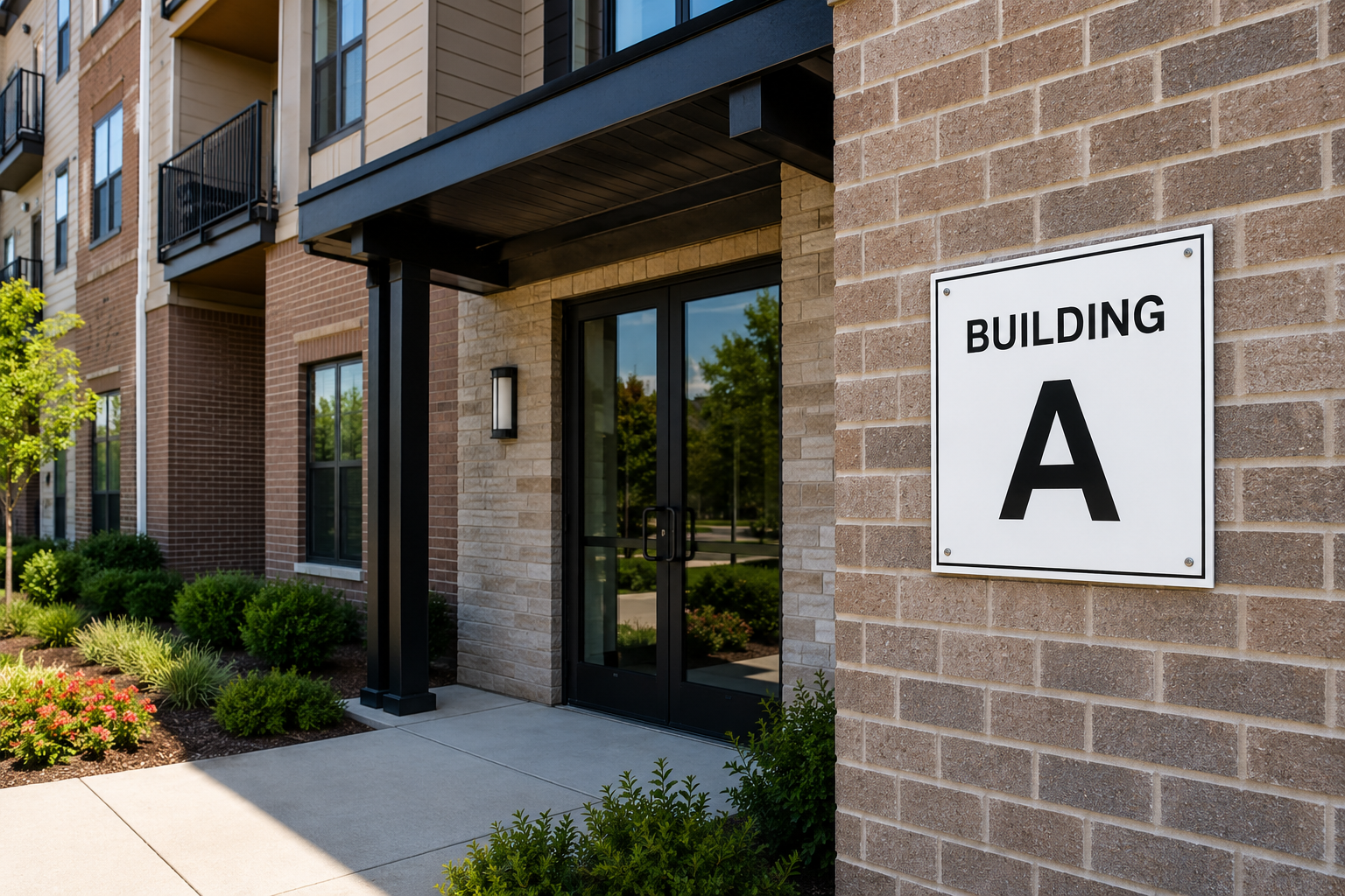 Building and unit identification signs for an apartment or residential community