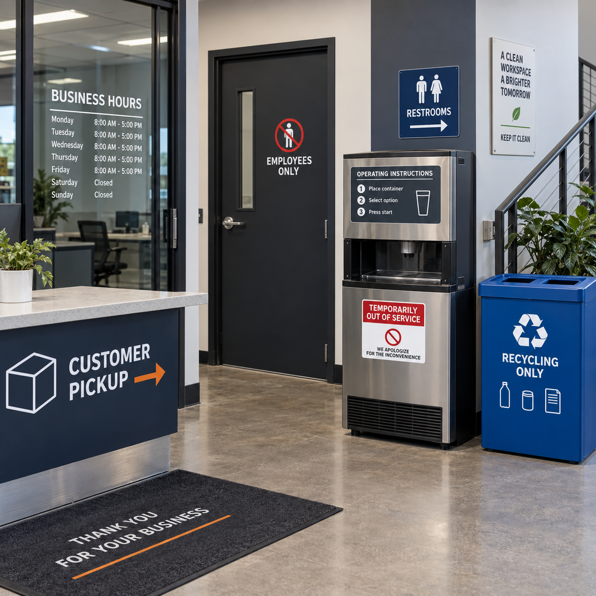 Business and informational decals for hours, instructions, access, customer pickup, restrooms, recycling and service notices.