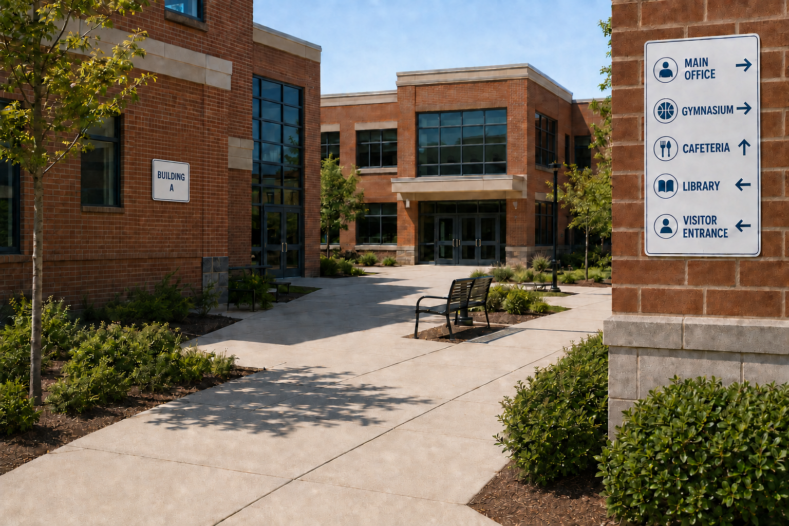 Campus wayfinding and directional signage at a school or educational facility