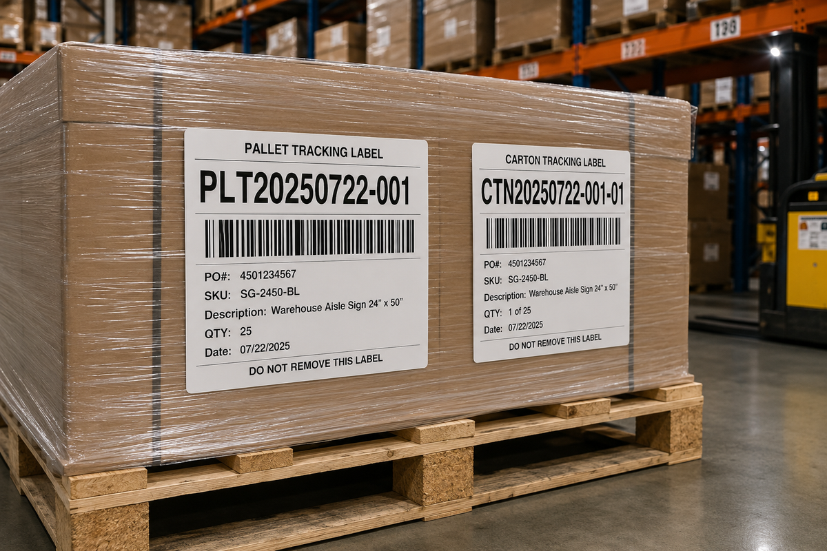 Barcode tracking labels applied to a pallet and cartons in a warehouse