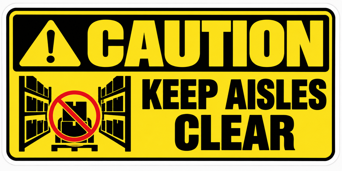 Caution Keep Aisles Clear yellow and black warehouse safety vinyl decal reminding workers to keep walkways and storage aisles free of obstructions.
