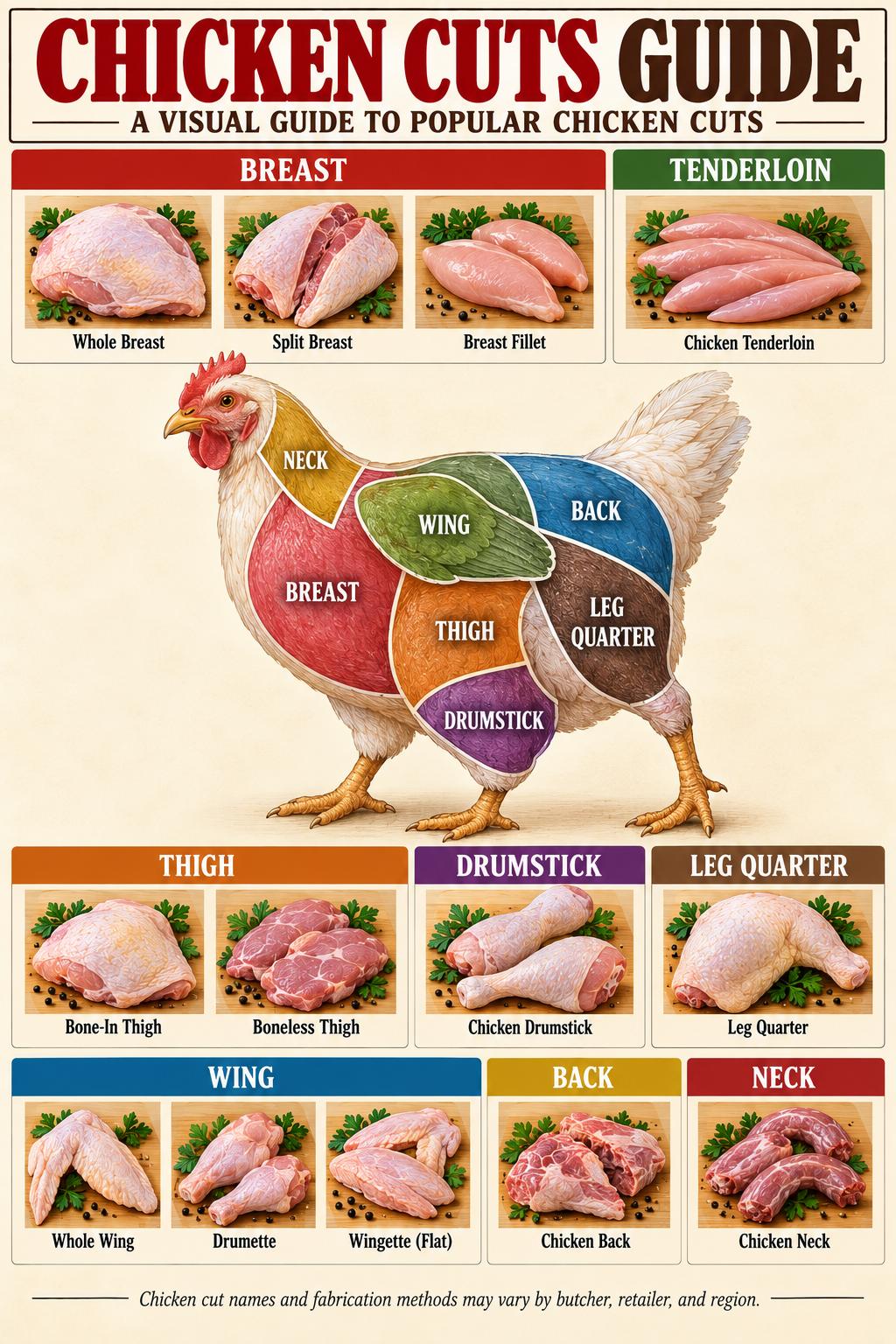 Chicken cuts guide poster with labeled whole chicken diagram showing breasts, thighs, drumsticks, wings, tenderloin, leg quarters and other cuts
