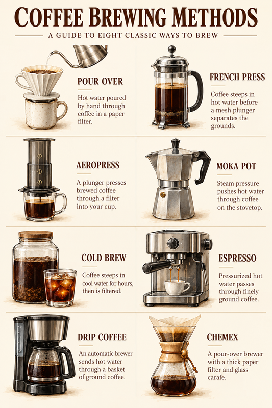 Coffee Brewing Methods Guide Poster featuring eight illustrated coffee brewing methods