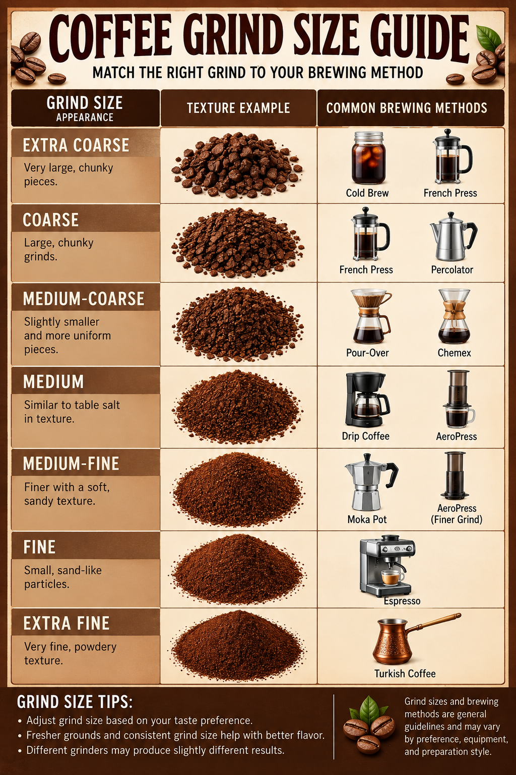 Coffee Grind Size Guide Poster showing grind textures and brewing methods from cold brew to espresso