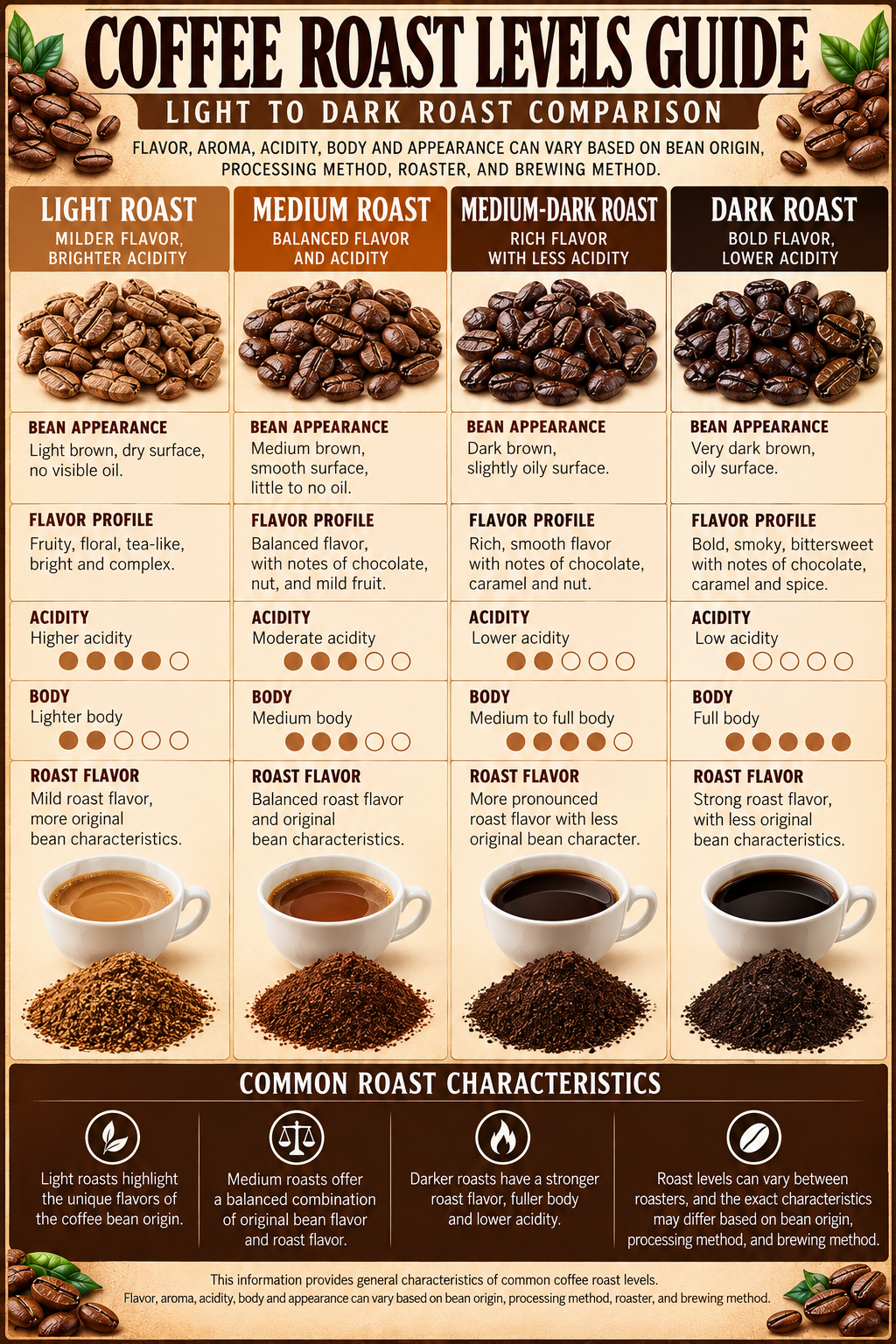 Coffee Roast Levels Guide Poster comparing light medium medium-dark and dark coffee roasts