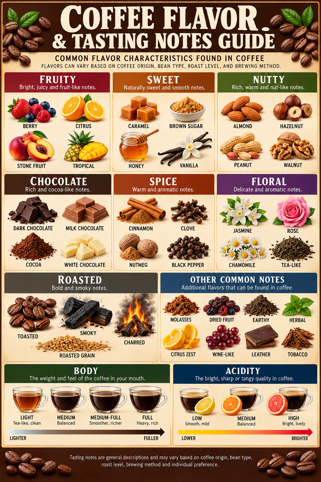 Coffee Flavor and Tasting Notes Guide Poster with flavor categories body and acidity reference