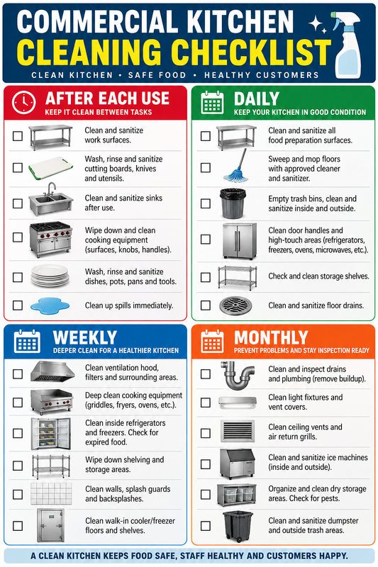 Commercial Kitchen Cleaning Checklist Poster for Restaurants and Food Service