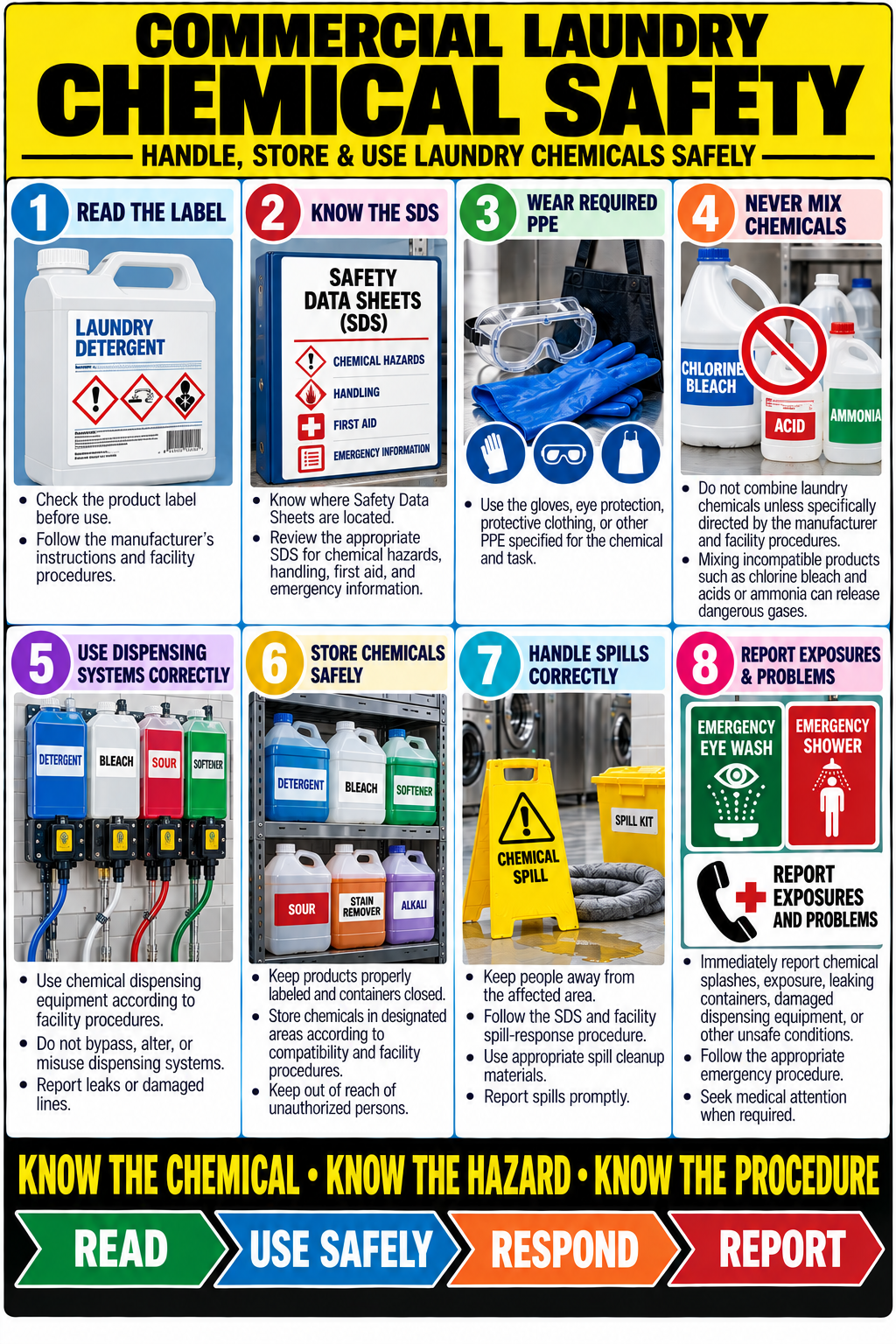 Commercial laundry chemical safety poster showing eight rules for labels, SDS, PPE, chemical mixing, dispensing, storage, spills and exposure reporting