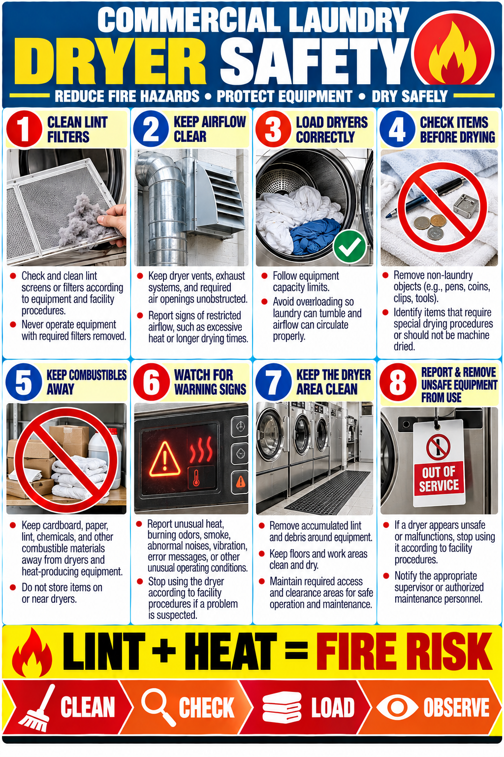 Commercial laundry dryer safety poster showing eight safety rules for lint filters, airflow, dryer loading, combustibles, warning signs and housekeeping