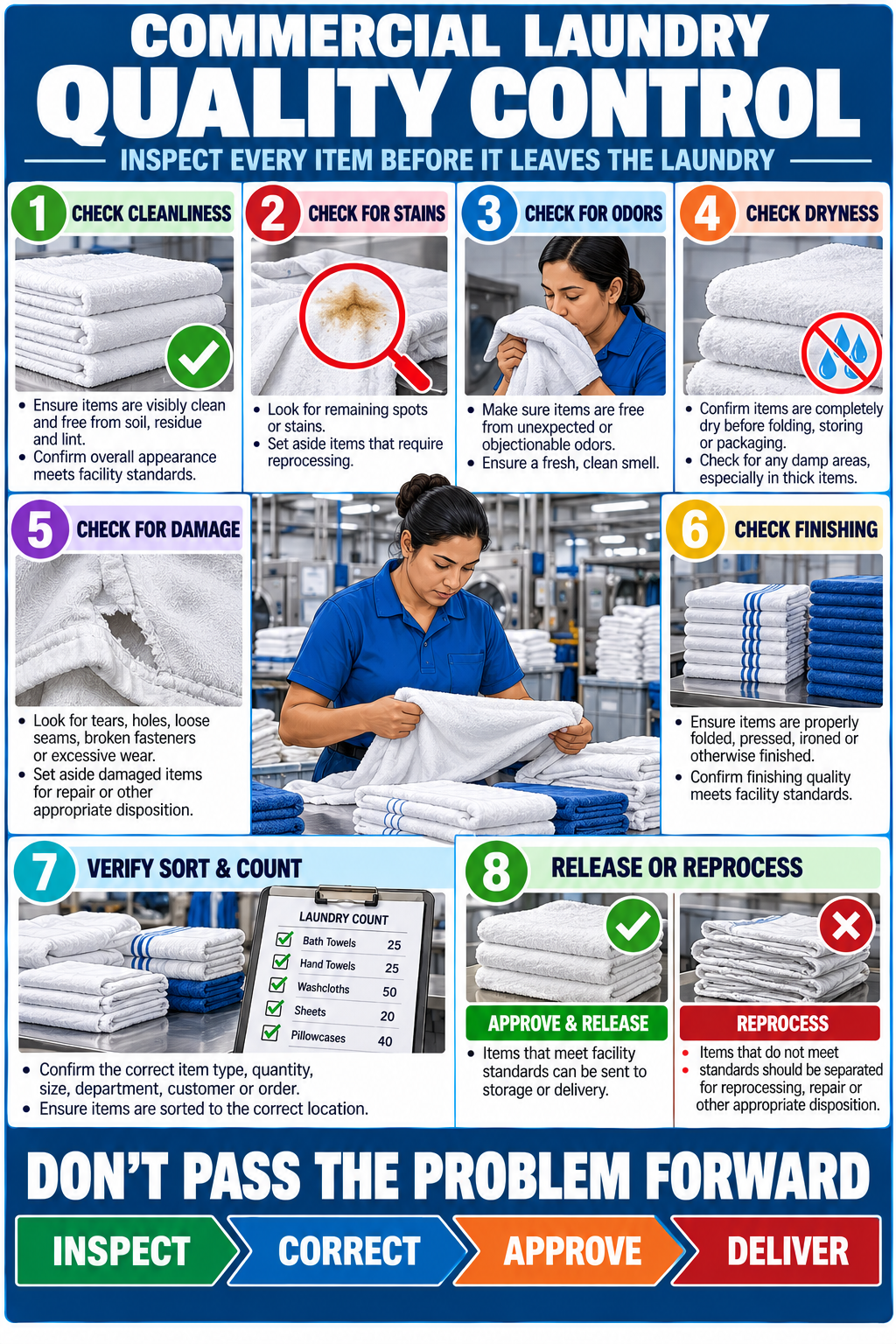 Commercial laundry quality control poster showing eight inspection steps for cleanliness, stains, odors, dryness, damage, finishing, counts and reprocessing